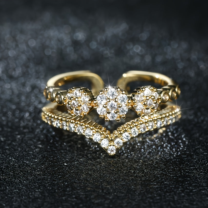 Luxurious Double V-Cut Zirconia Inlaid Ring