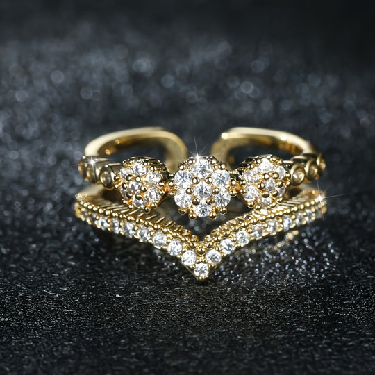 Luxurious Double V-Cut Zirconia Inlaid Ring