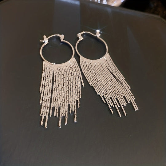 Elegant Golden-Plated Chain Tassel Hoop Earrings