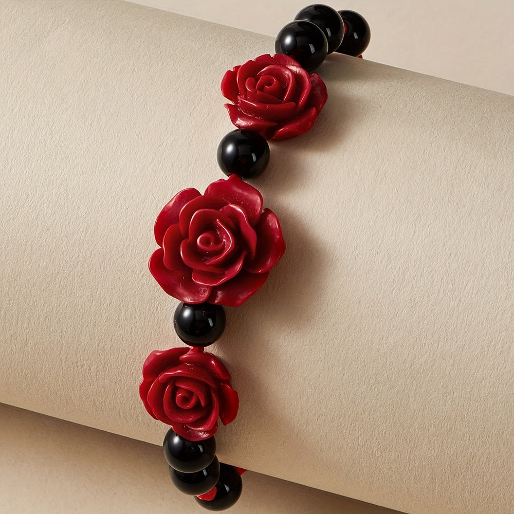 Red Rose Flower Black Beads Beaded Bracelet