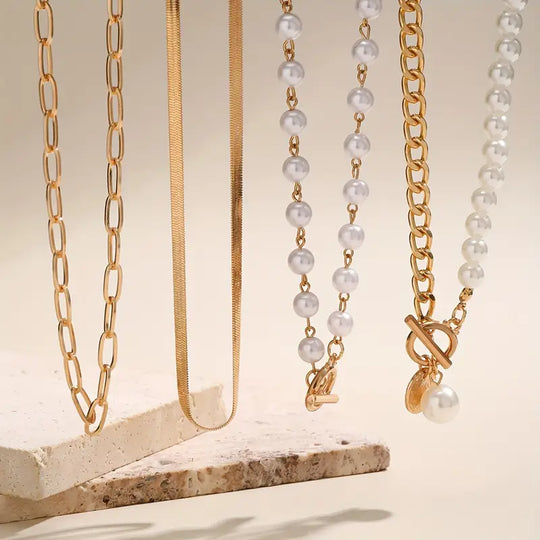 Vintage Pearl & Gold Snake Chain Necklace Set