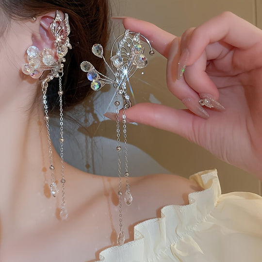 Elegant Crystal Flower & Tassel Ear Wrap