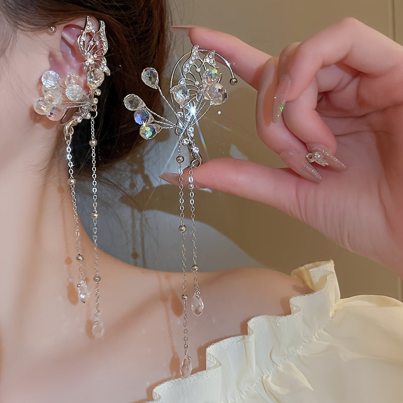 Elegant Crystal Flower & Tassel Ear Wrap