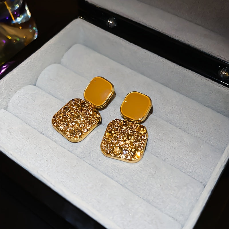Square Dangle Earrings with Sparkling Rhinestones