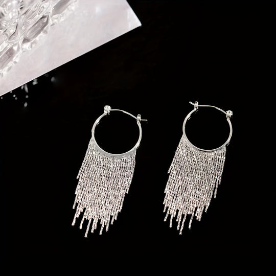Elegant Golden-Plated Chain Tassel Hoop Earrings