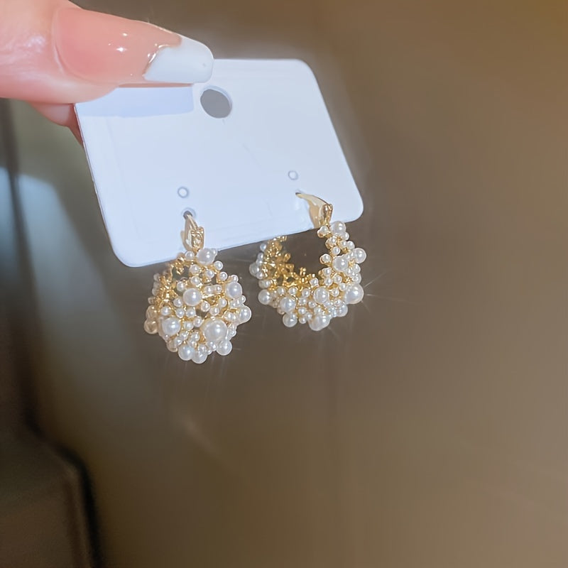 Hollow Flower Basket Earrings with Faux Pearls