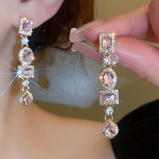 Golden Dangle Earrings with Emerald & Clear Gemstones