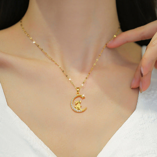 Fashion Cute Rabbit Pendant Necklace with Moon and Stars