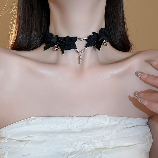 Pleated Elastic Fabric Heart Cross Necklace
