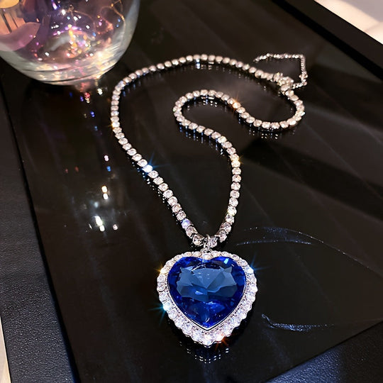 Ocean Heart Rhinestone Love Pendant Necklace
