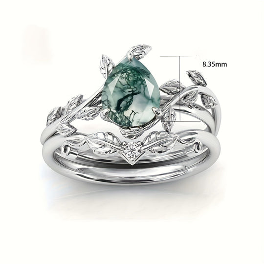 Elegant S925 Sterling Silvery Natural Water Grass Agate Ring Set