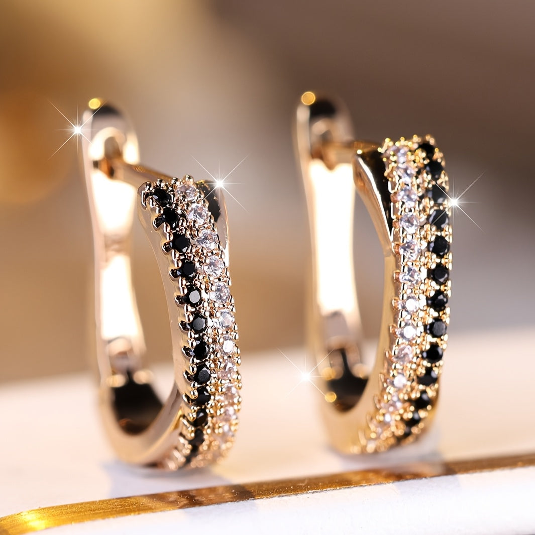 Elegant Black & White Zirconia Hoop Earrings