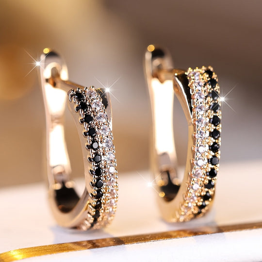 Elegant Black & White Zirconia Hoop Earrings