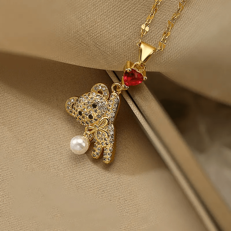 Adorable Bear Pendant Necklace with Synthetic Zirconia