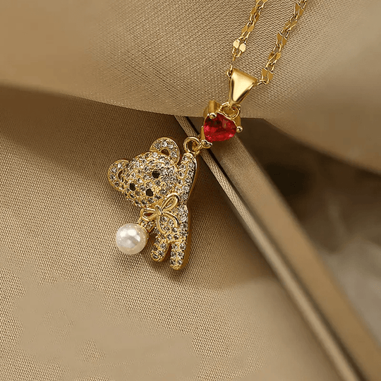 Adorable Bear Pendant Necklace with Synthetic Zirconia