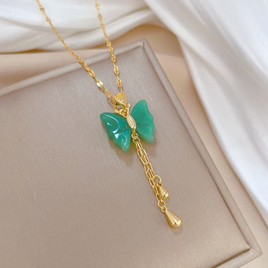 Two-Tone Jade Butterfly Tassel Necklace