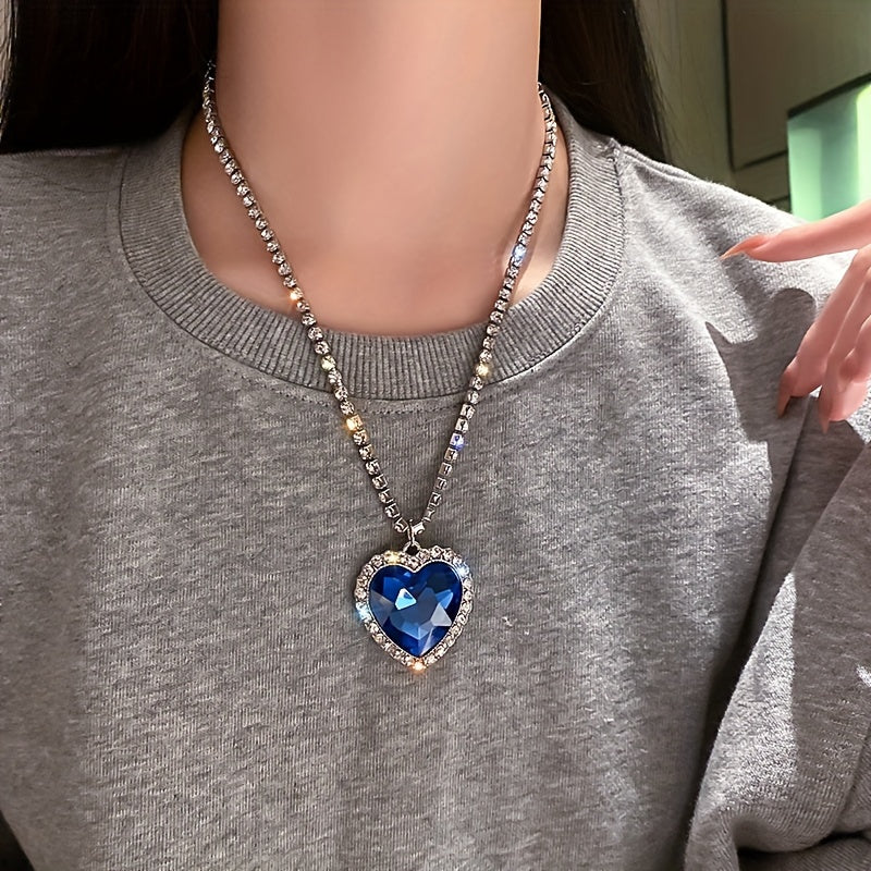 Ocean Heart Rhinestone Love Pendant Necklace