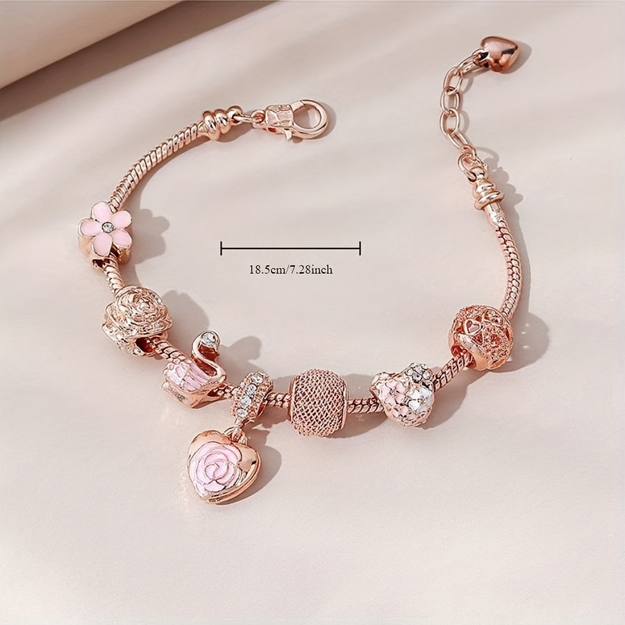 Pink Rose Swan Charm Bracelet