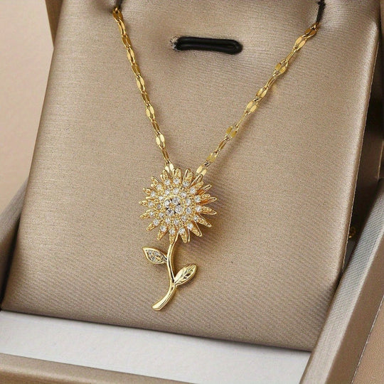 Rotating Sunflower Zirconia Pendant Necklace