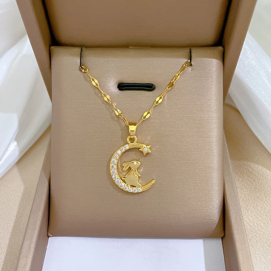 Fashion Cute Rabbit Pendant Necklace with Moon and Stars