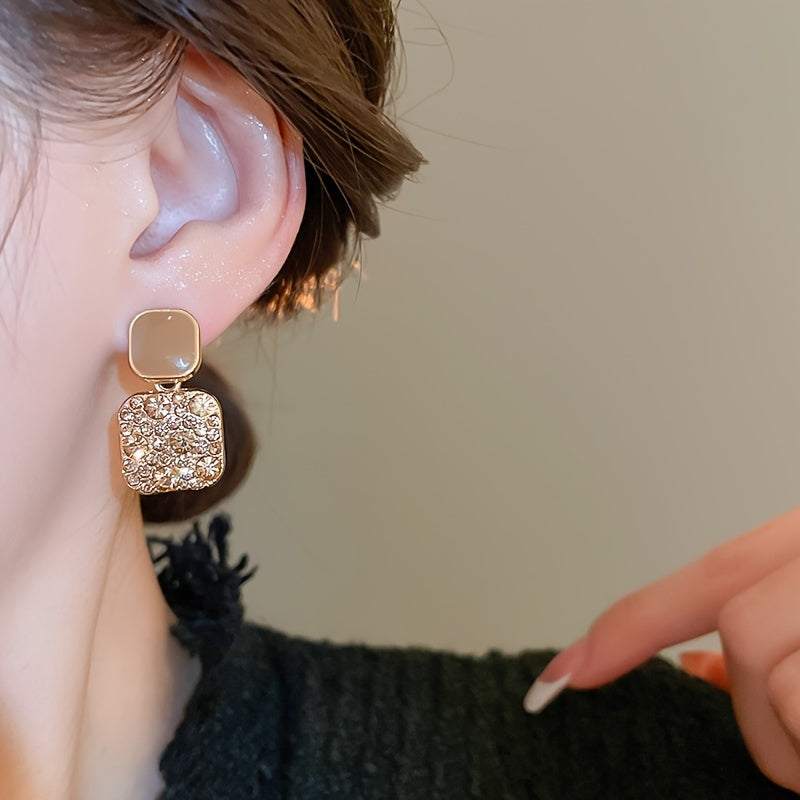 Square Dangle Earrings with Sparkling Rhinestones