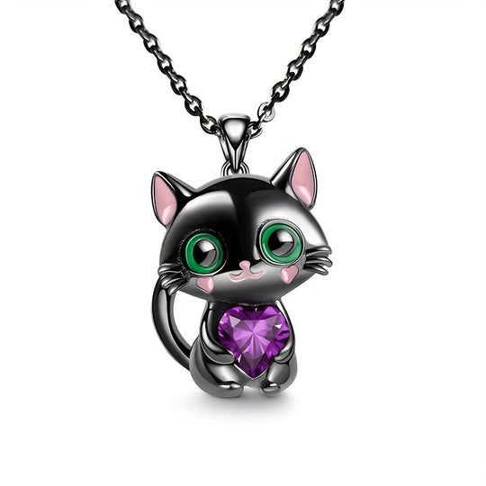 Kitten Hugging Heart Pendant Necklace