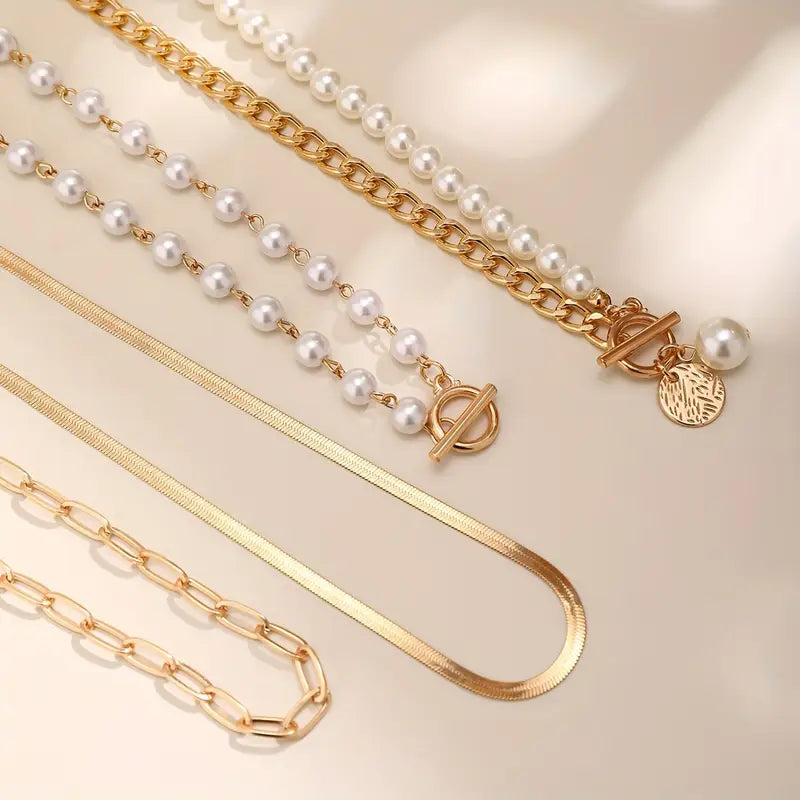 Vintage Pearl & Gold Snake Chain Necklace Set