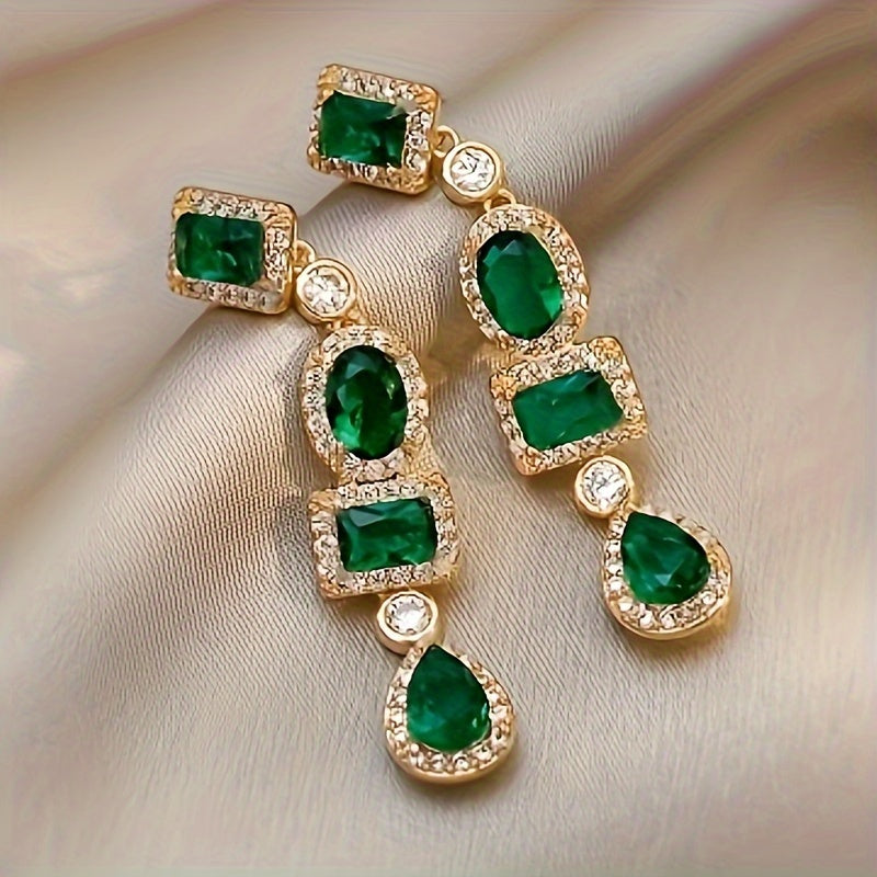 Golden Dangle Earrings with Emerald & Clear Gemstones