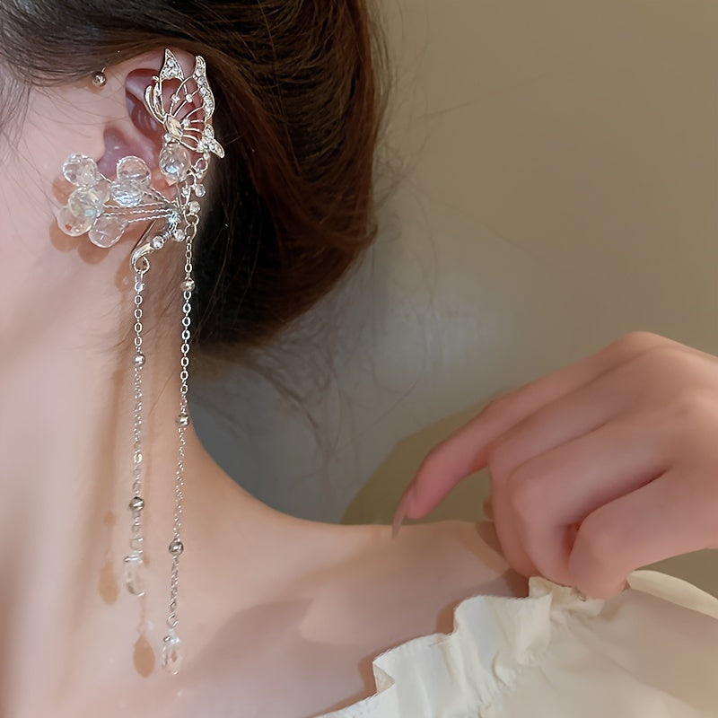 Elegant Crystal Flower & Tassel Ear Wrap