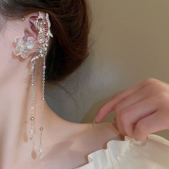 Elegant Crystal Flower & Tassel Ear Wrap