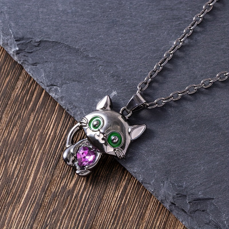 Kitten Hugging Heart Pendant Necklace