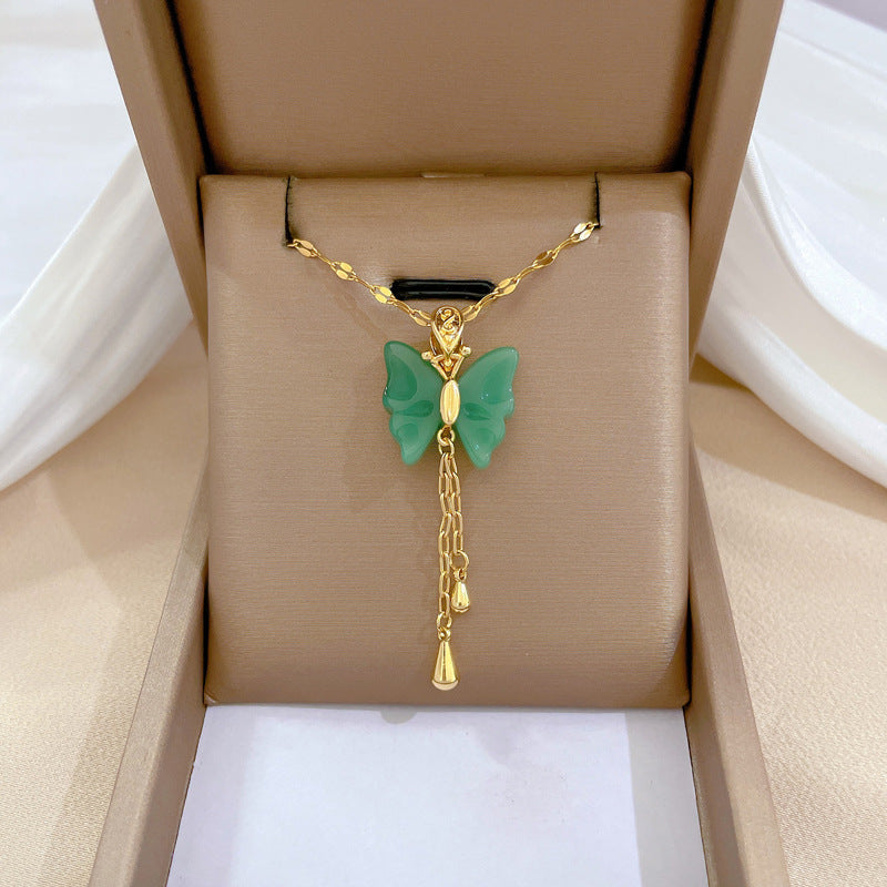 Two-Tone Jade Butterfly Tassel Necklace