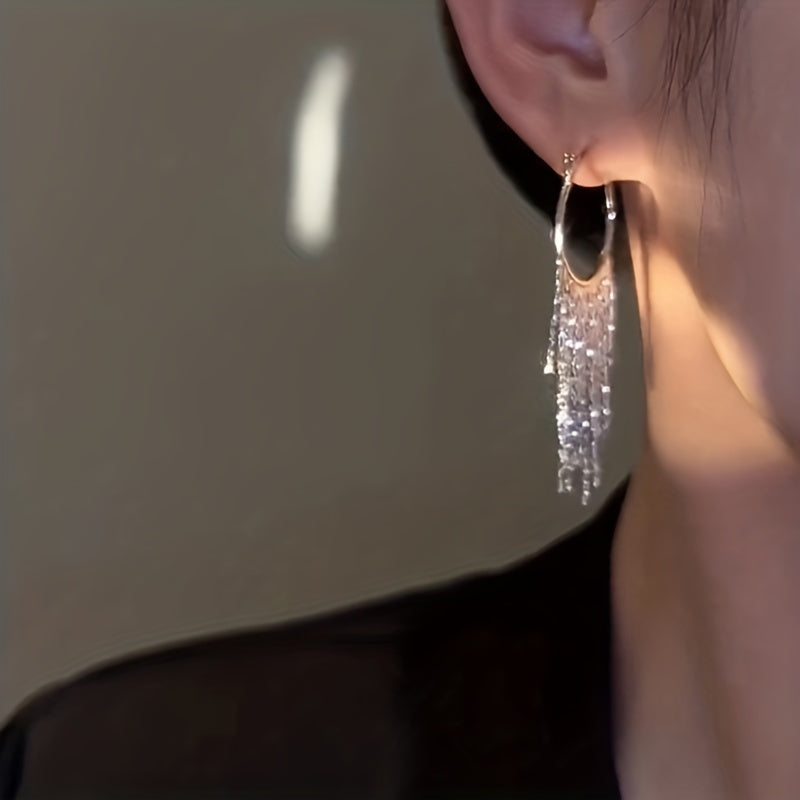 Elegant Golden-Plated Chain Tassel Hoop Earrings