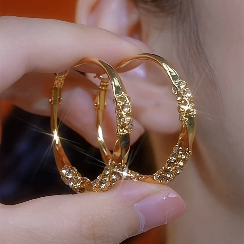 Sparkling Rhinestones Pleated Hoop Earrings