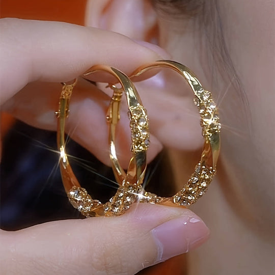 Sparkling Rhinestones Pleated Hoop Earrings