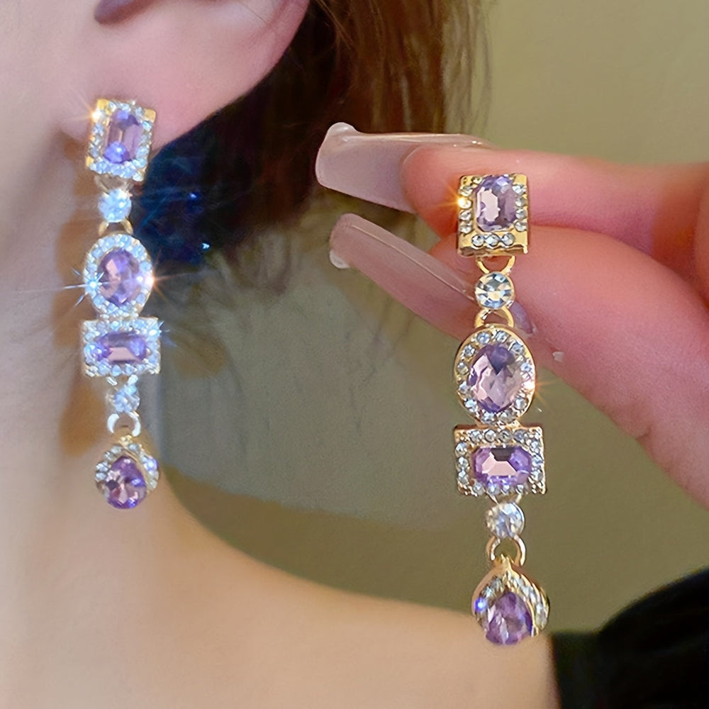 Golden Dangle Earrings with Emerald & Clear Gemstones