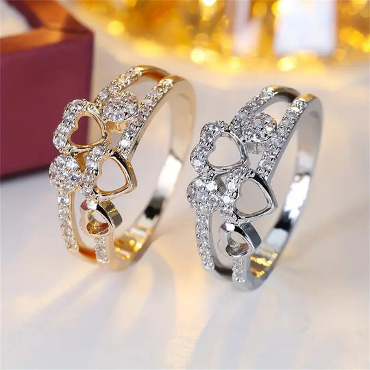 Double-Band Heart Ring with Synthetic Cubic Zirconia