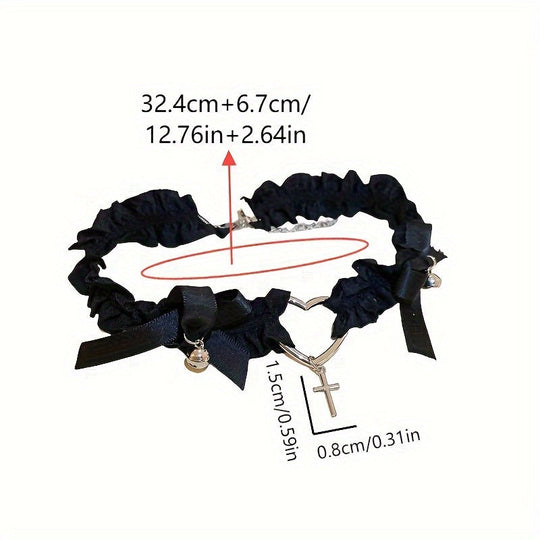 Pleated Elastic Fabric Heart Cross Necklace
