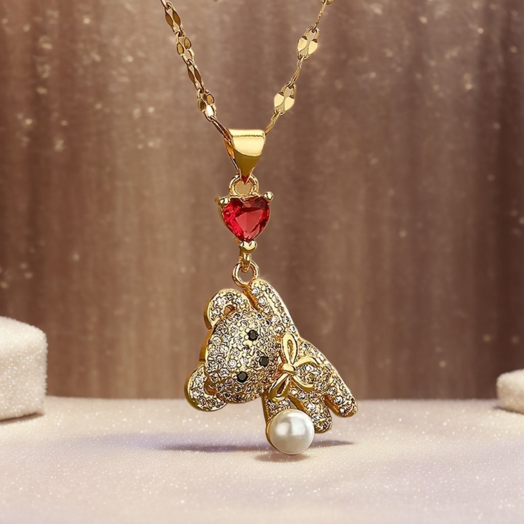 Adorable Bear Pendant Necklace with Synthetic Zirconia