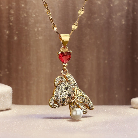 Adorable Bear Pendant Necklace with Synthetic Zirconia