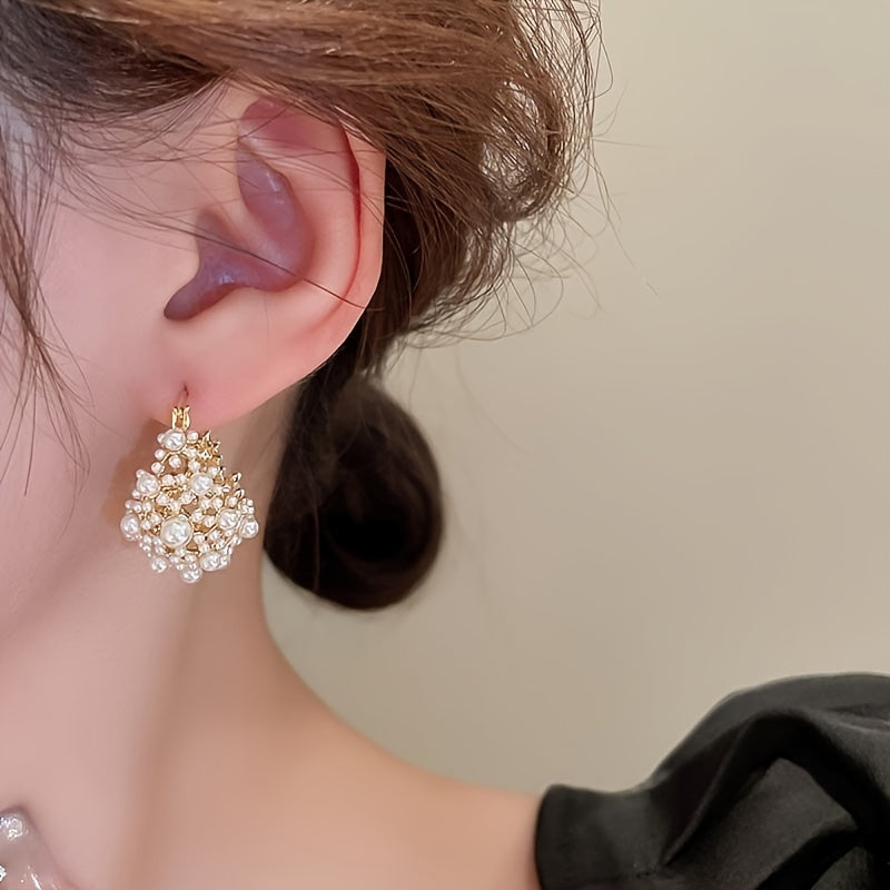 Hollow Flower Basket Earrings with Faux Pearls