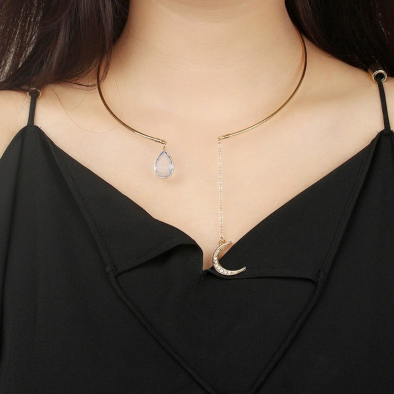 Water Droplet & Moon Pendant Necklace