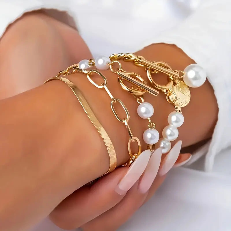Chic Gold 4-Piece Bracelet Set – Snake, Pearls & Links