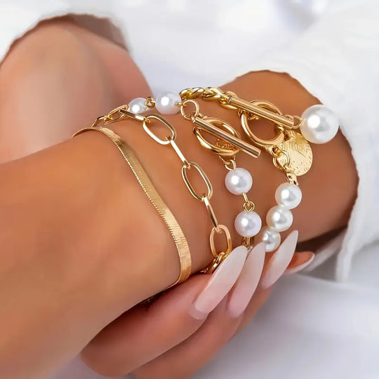 Chic Gold 4-Piece Bracelet Set – Snake, Pearls & Links