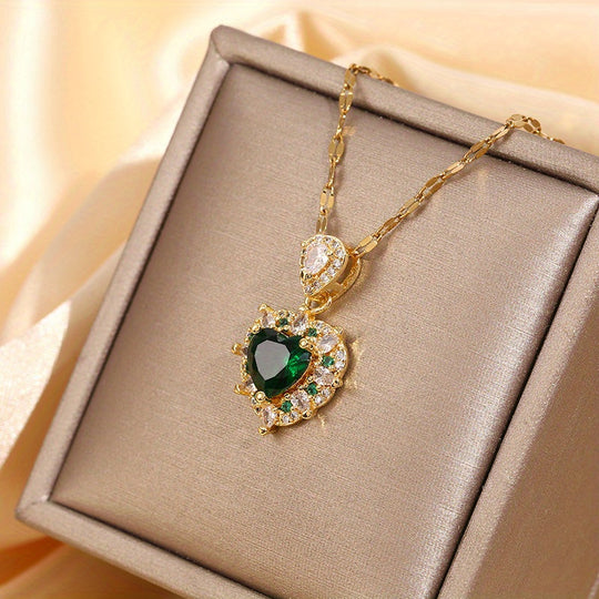 Emerald Heart Teardrop Pendant Necklace