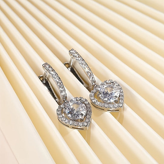 Hollow Heart Zirconia Hoop Drop Earrings