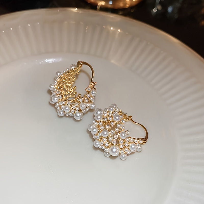 Hollow Flower Basket Earrings with Faux Pearls