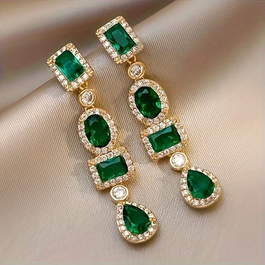 Golden Dangle Earrings with Emerald & Clear Gemstones