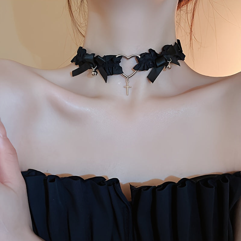 Pleated Elastic Fabric Heart Cross Necklace