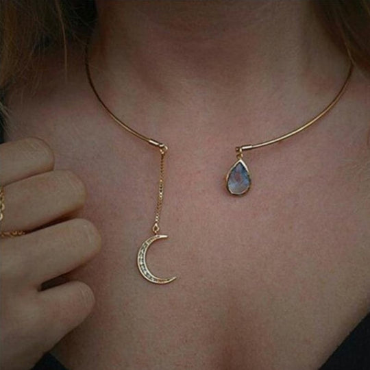 Water Droplet & Moon Pendant Necklace